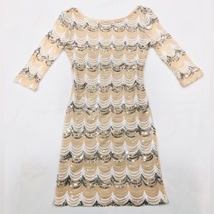 NWT Beige Black Silver Sequin Scallop Dress 3/4 Sleeves Crystal Doll Prom Bride